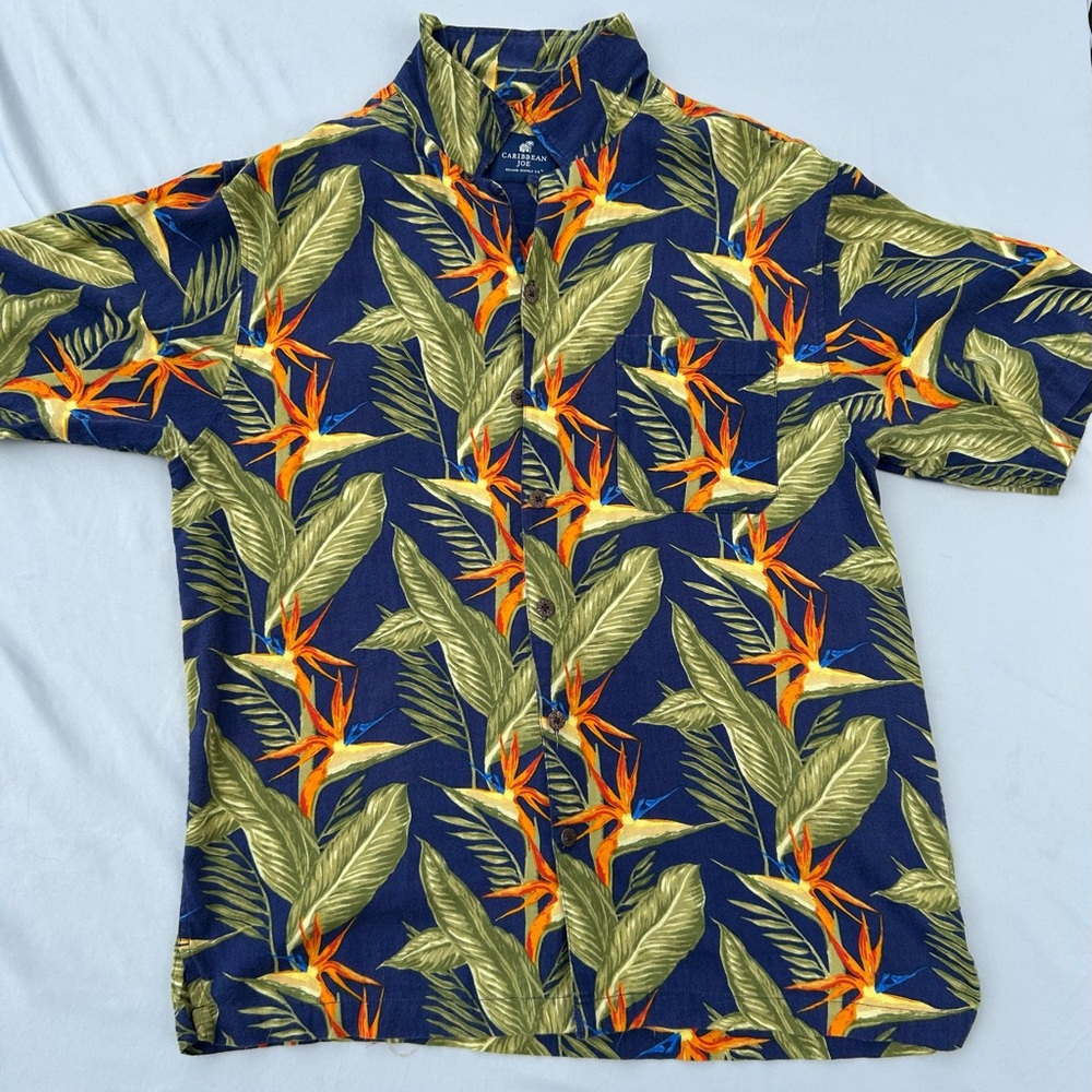 Caribbean Joe Blue Shirt with Orange and Green Tropical Print